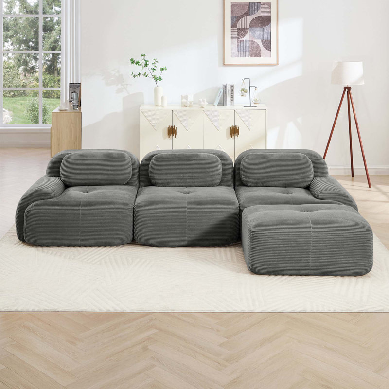 L-Shaped Modular Sofa With No Assembly, Ergonomic Design, Pet-Friendly Corduroy Fabric, Extra-Wide Curved Armrests, High-Resilience Sponge, Grey