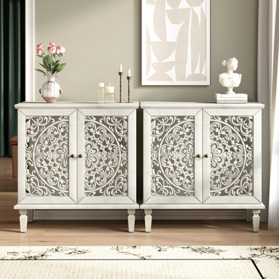 Commode d'appoint rétro sculptée en creux, buffet de rangement à 2 portes avec motif floral symétrique, tablette réglable et pieds en bois massif pour le vestibule du salon (gris antique blanc)