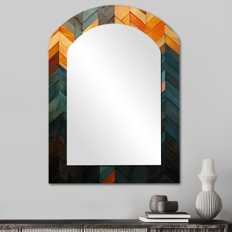 Green And Yellow Chevron Abstraction - Green Modern Arch Wall Mirror, 34" x 25"
