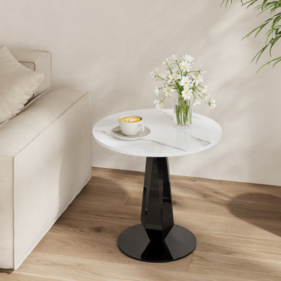 17.72" Modern Round End Table, White Glossy Sintered Stone Side Table, with Black Stainless Steel Base by Ivy Bronx