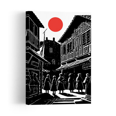 Japanese Red Sun Street Traditional Vintage Abstract Architecture City Wall Art Print 1 Piece Wrapped Canvas Wall Art