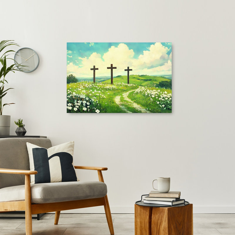Trois croix en bois, paysage abstrait contemporain, affiche murale représentant la nature, 24" H x 36" W