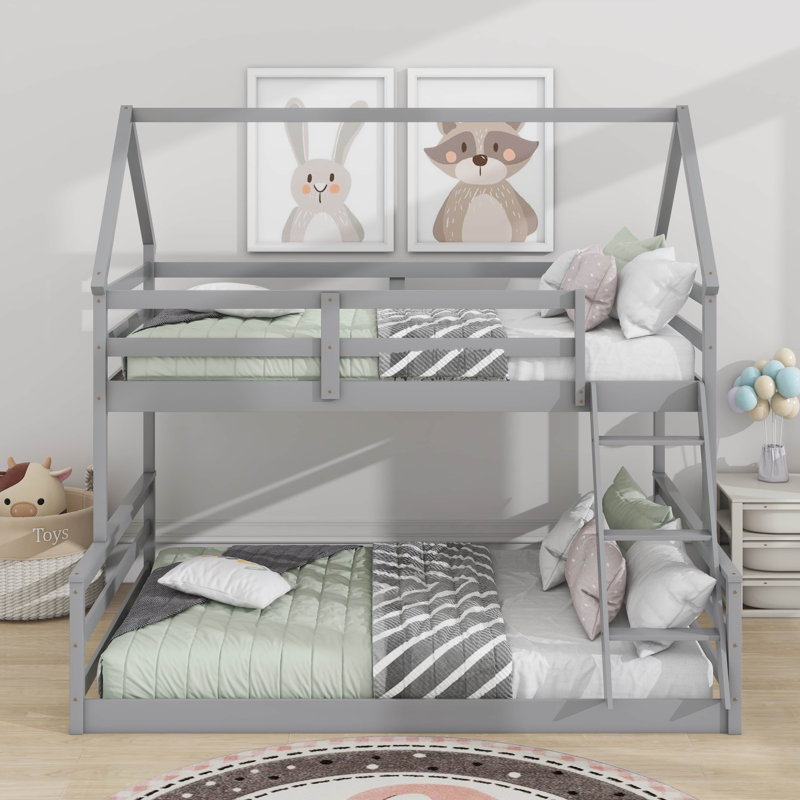 Twin Over Full House Bunk Bed With Built-In Ladder, Gray