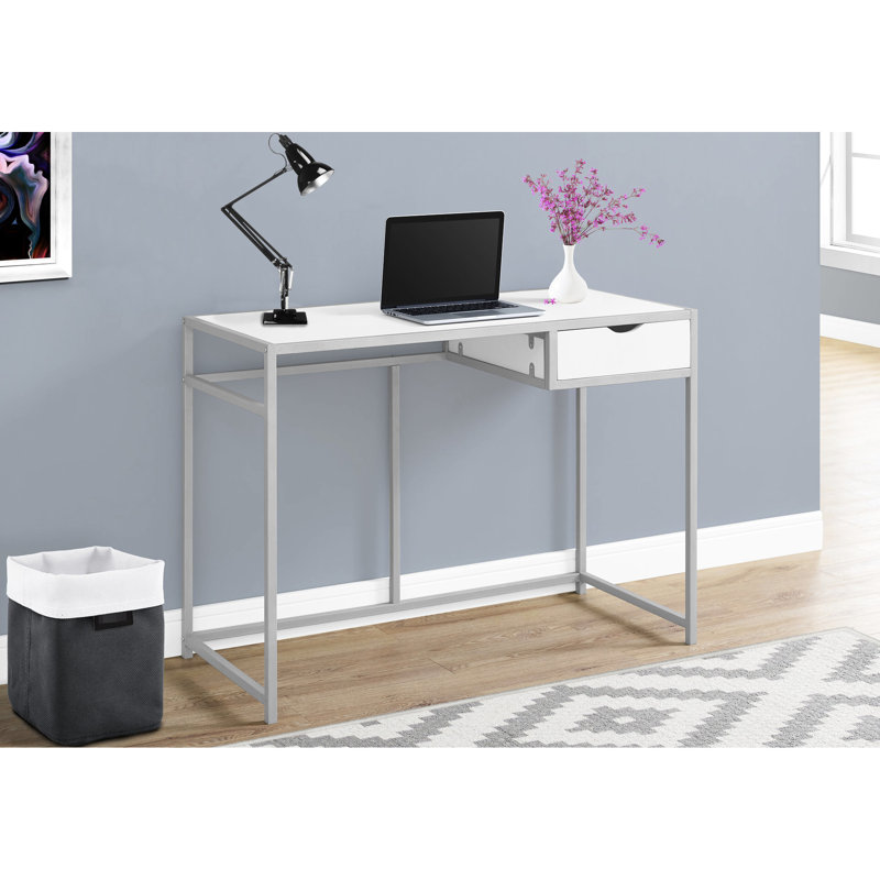 Bureau d'ordinateur contemporain pour entreprise - l 42 po, stratifié blanc, métal noir avec solution de rangement