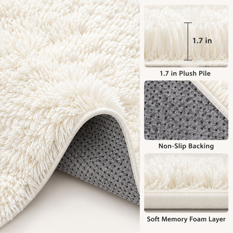 Tapis blanc crème à poils longs 8 pi x 10 pi avec mousse à mémoire de forme et envers antidérapant