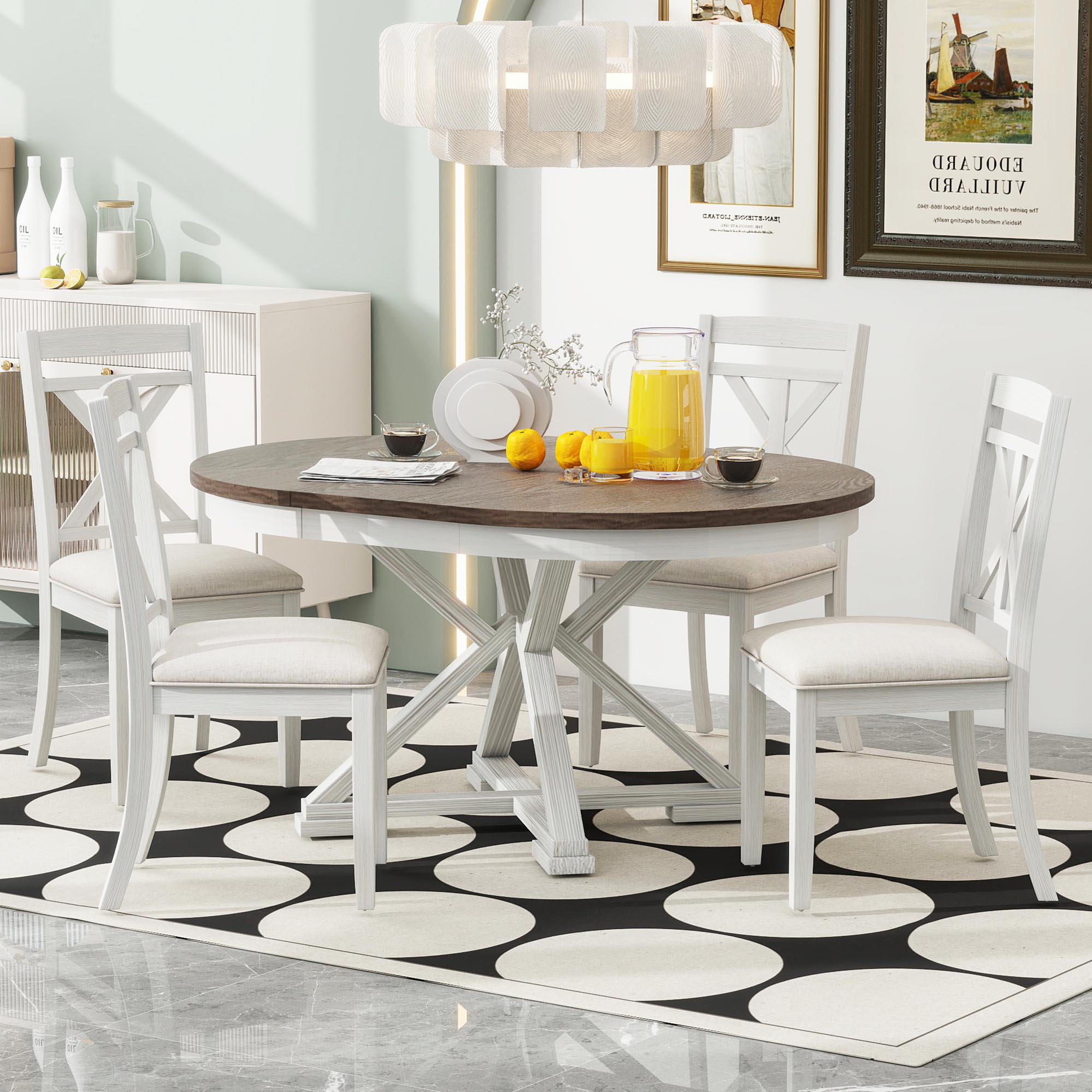 August Grove 5-Piece Retro Functional Dining Table Set Extendable Round ...