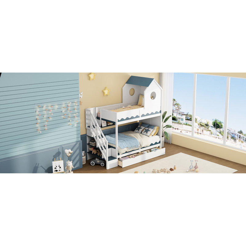 Twin Bunk Bed With House, Drawer, And Led, Bold Color Contrast, Wave - Side, White Style, For 'S Bedrooms Enchanting Style Top, Staircase Storage, Led Lighting, Side Panel, Suitable Shared