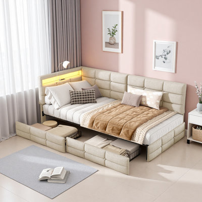 L-Shaped Upholstered Daybed with 2 Drawers