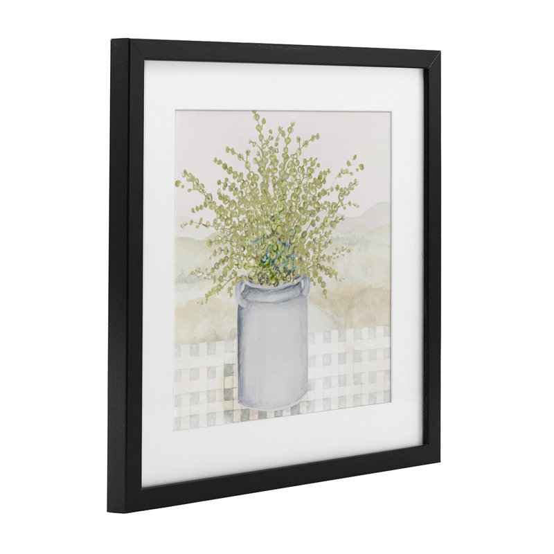 Reproduction sous verre encadrée d'herbes en pot, design par Janice Gaynor, H 16 po x l 16 po, Cadre noir minuit