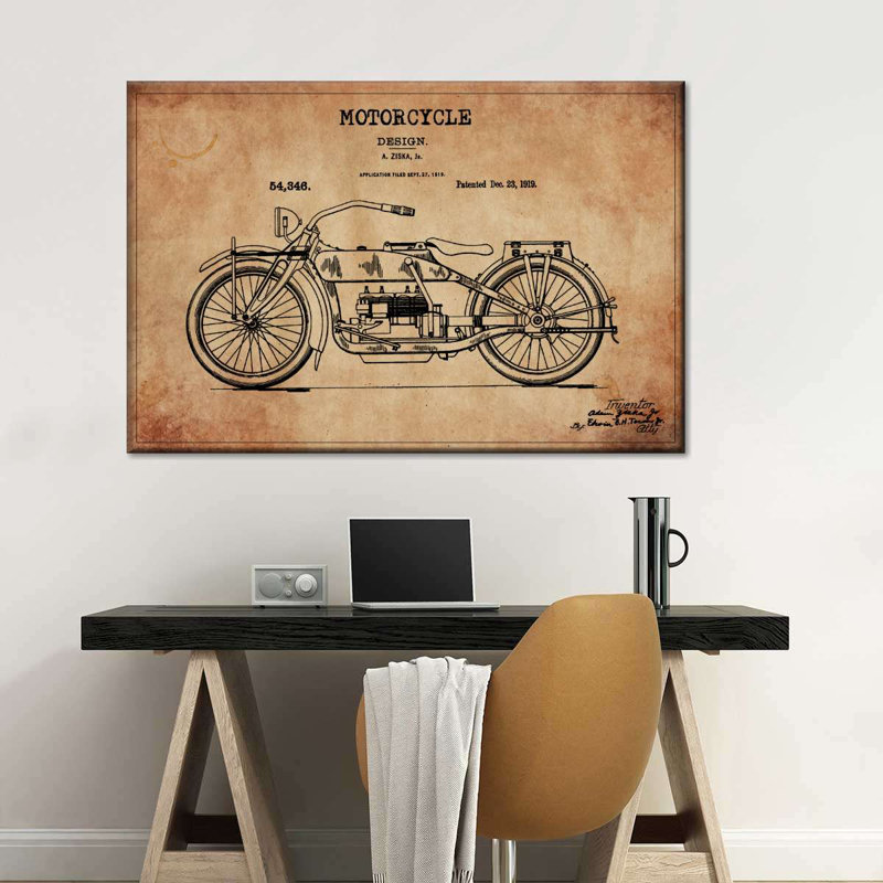 Brevet de moto rétro sur toile, H 12 po x l 8 po x P 1 po