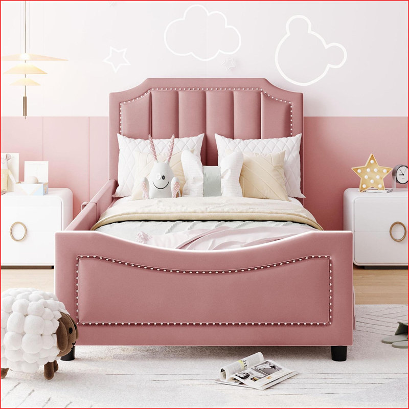 Twin Size Upholstered Platform Daybed with Classic Stripe Headboard, No Box Spring Needed, Pink - Pine Wood MDF Frame for Bedroom/Guest Room