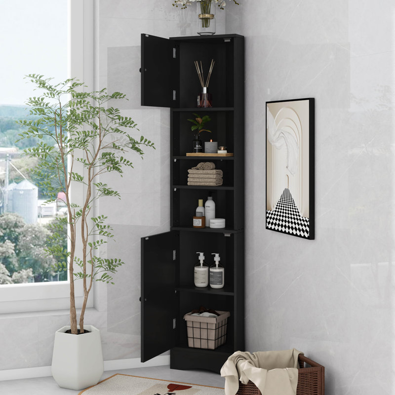 Corner Storage Cabinet, Tall Storage Cabinet With 2 Doors And 3 Shelves, Open Shelf For Bathroom, Kitchen & Living Room