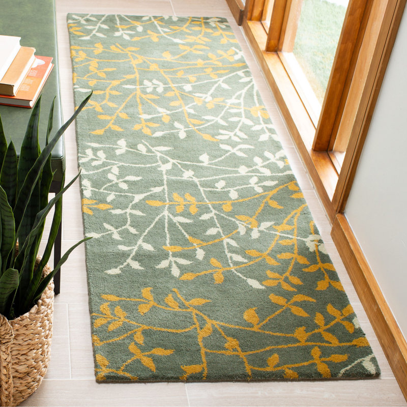 Floral Handmade Tufted Wool Green Area Rug, Runner 2'6" x 8'