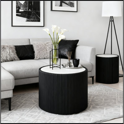 Light Marble Top Cylinder Shape Leather End Table for Modern Living and Elegant Decor