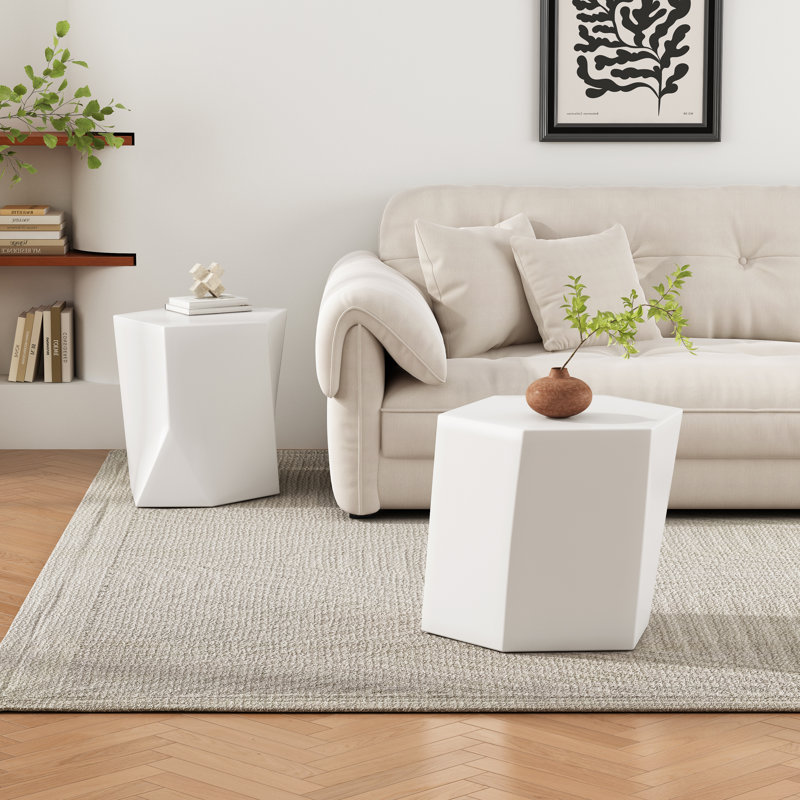 Zayd Modern MGO End Table Set With Geometric Design, White