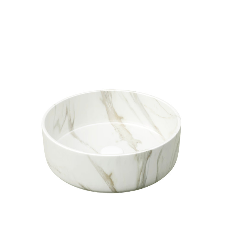 Round Vessel Ceramic Sink, 14'' With Stone Pattern, Matte White, Clean Appearance Bathroom One Construction