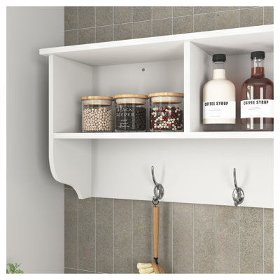 White Entryway Wall Mounted Coat Rack with 4 Dual Hooks Living Room Wooden Storage Shelf