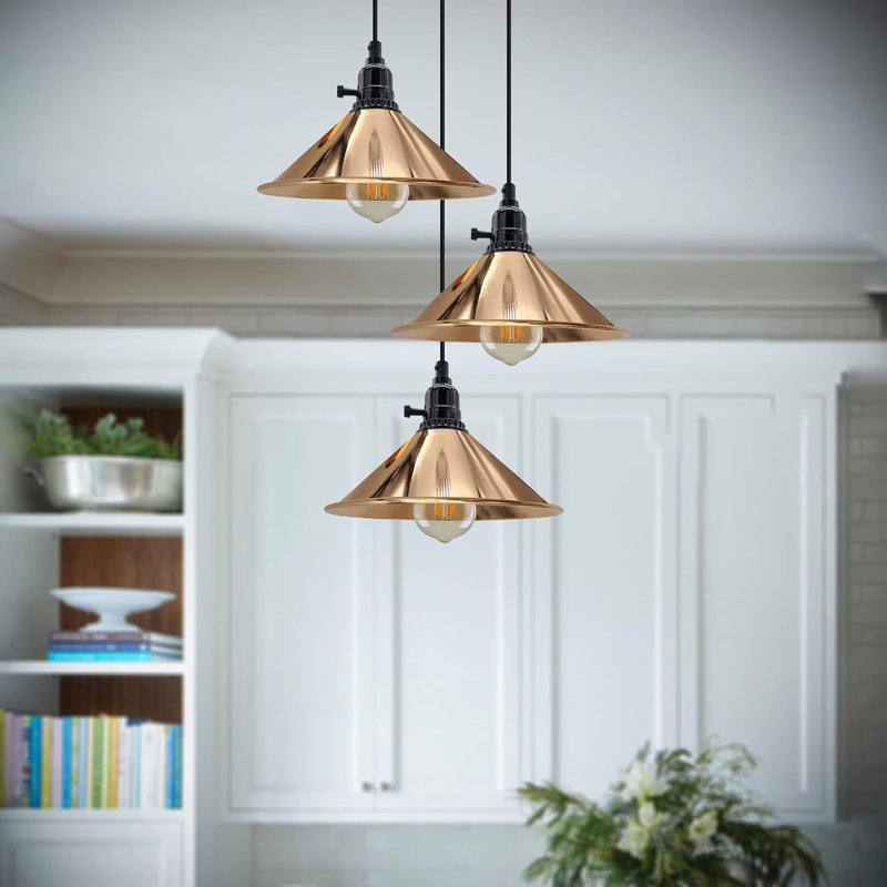 3-Light Cone Pendant Light – Industrial Kitchen Island Ceiling Fixture with Adjustable Height & E27 Bulbs, Rose Gold, Yes