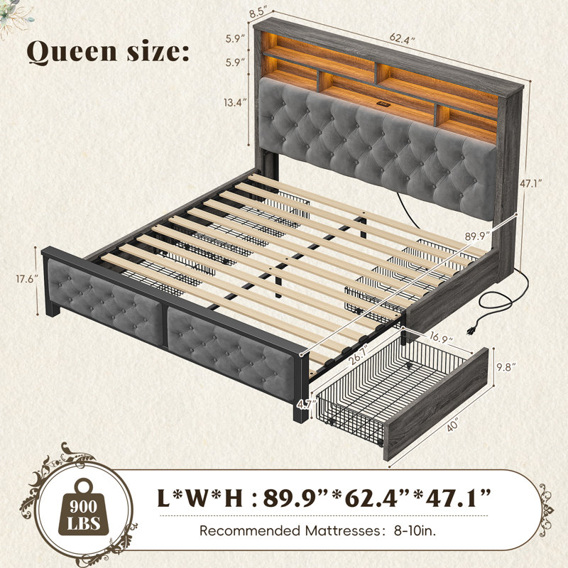  Upholstered Bed with Wood Frame, 4 Storage Drawers, Modern Bed Frame with Charging Station & LED Lights, Headboard Included,Queen/Gray