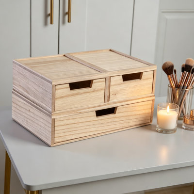 Stackable Wooden Storage Boxes With Pullout Drawers, Paulownia Wood Organizers For Desk And Home, Set Of 3