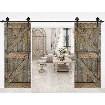 K style Paneled Solid Core Wood Double Sliding Barn Door with Hardware Kit (Set of 2) - Assembly Needed