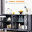 Buffet avec portes en verre trempé, tablette réglable en gris, pour buffet polyvalent à thème gris et portes élégantes