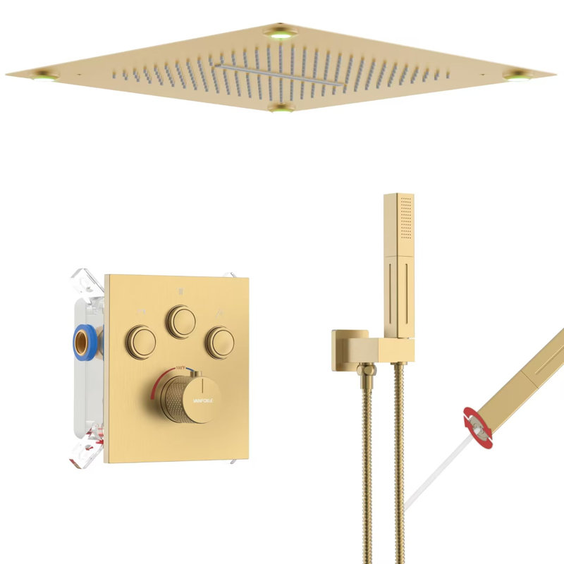 Brushed Gold Thermostatic LED Ceiling Mounted Shower System
