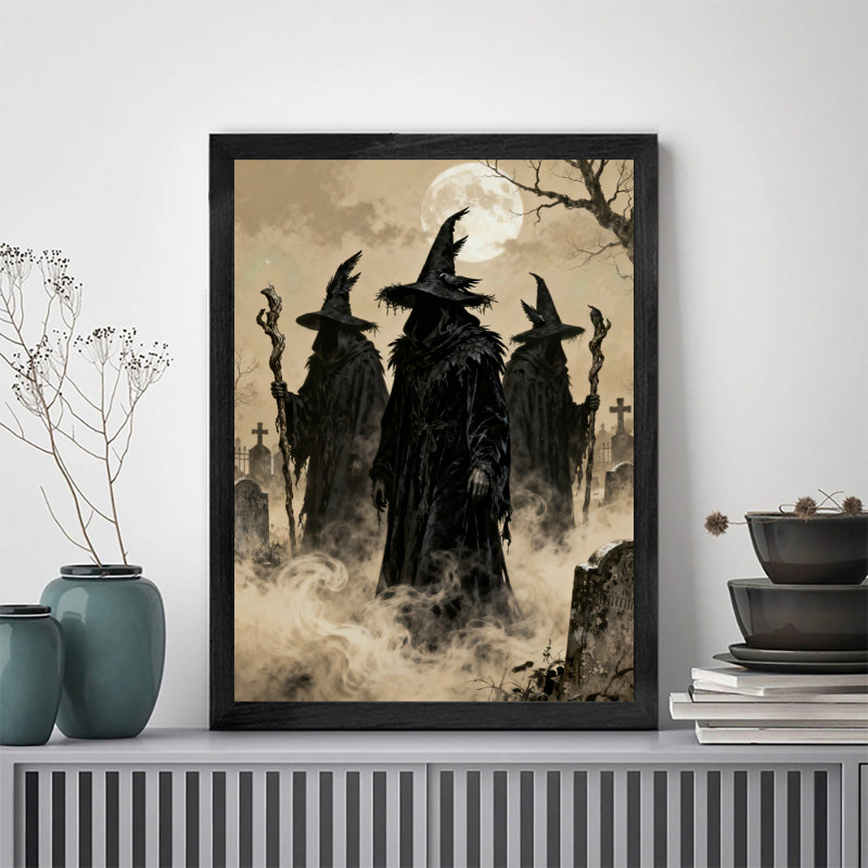Art mural rétro noir - Ghost Messenger avec trois chapeaux pointus, art mural de style rétro, H 25 po x l 17 po