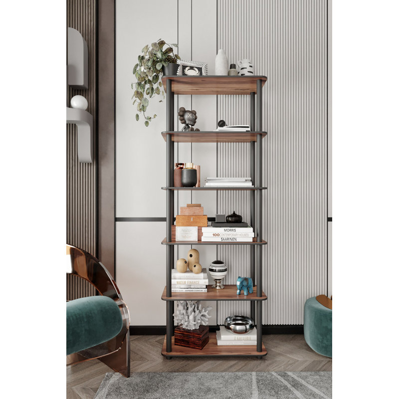 Modern Walnut Bookshelf, 23.6 x 68.1 x 11.8 Inches | 100% MDF with Compressed Kraft Legs | Stylish Brown Solid Color Design, Perfect for Home Office & Living Room | Durable & Space-Saving Storage Solution