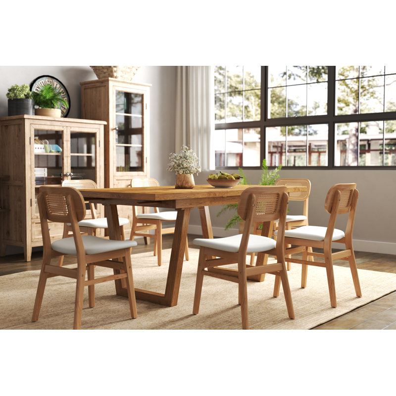 Farmhouse Dining Table Set, Solid Wood Extendable Dining Table And Rattan Back Dining Chair For Dining Room/Kitchen/Living Room