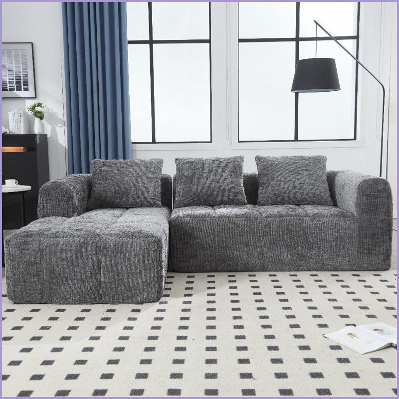 Canapé modulaire moderne en L de 98,42 pouces avec méridienne, tissu chenille, sans assemblage et amp; Poches latérales | Chenille | Dossier rembourré | Gris