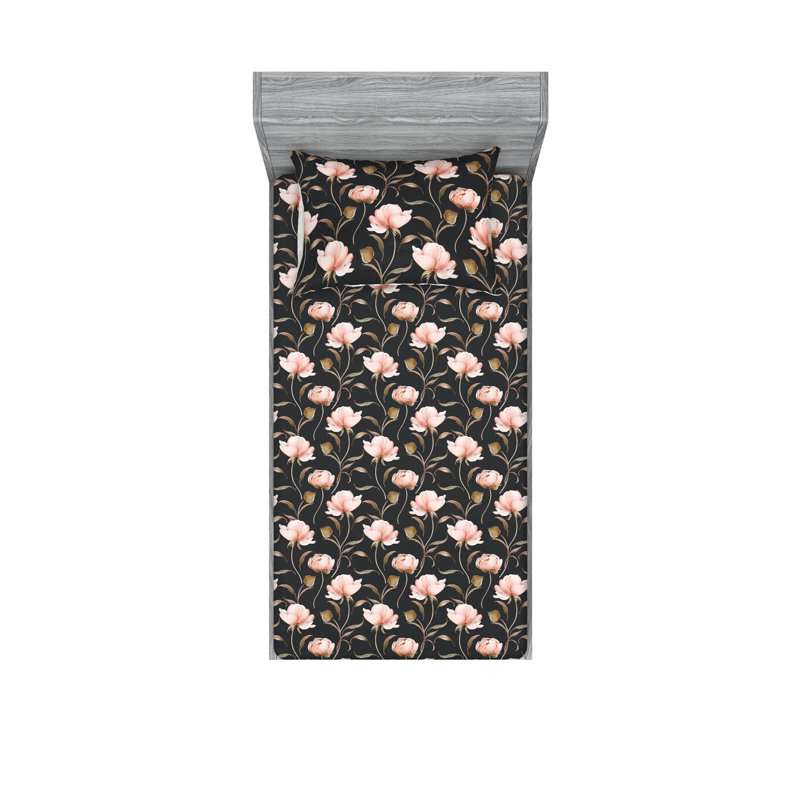 Ambesonne Fitted Sheet & Shams, Twin Sheet Set with 1 Pillowcase, Dark Gray/Blush/Umber Floral