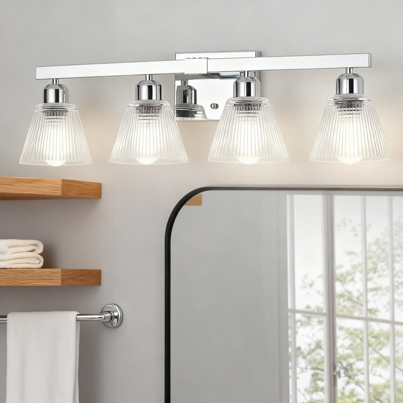 Luminaire de salle de bain moderne à 4 lumières avec abat-jour en verre transparent, applique murale réversible pour meuble-lavabo et miroir