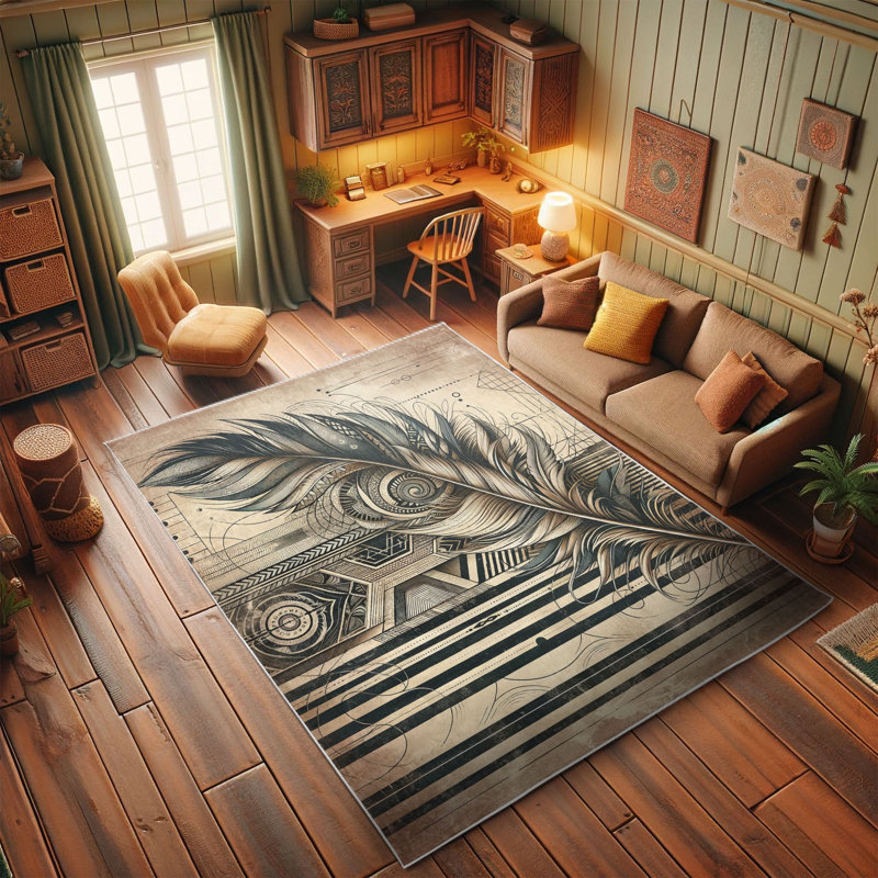 Bohemian Feather Design Blue and Beige Synthetic Area Rug