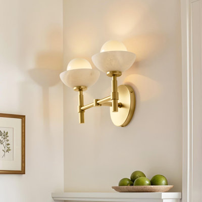 Modern Double Armed Sconce – Metal, Glass & Gold, Ivory White 2-Light Hardwired Dimmable Wall Sconce for Bathroom or Hallway in Modern, Mid-Century, and Contemporary Style