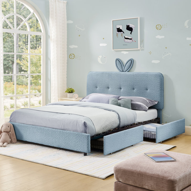Full Size Kids Upholstered Bed with Rabbit Ear Headboard, LED Light & 4 Storage Drawers, Boucle Fabric,Beige, Full, Navy