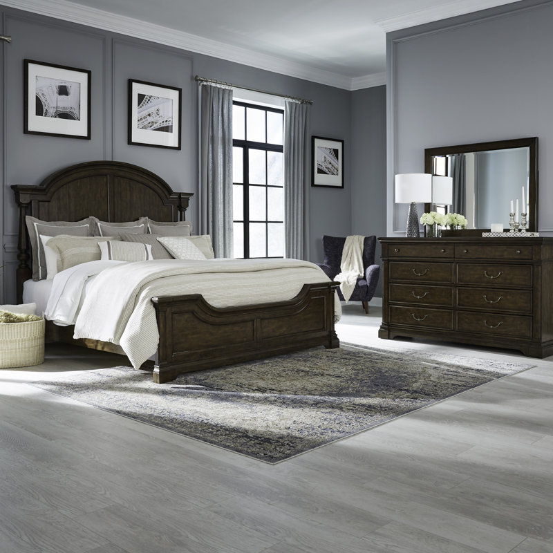 Ensemble de chambre avec lit à affiche, commode et miroir Tawona, Très grand