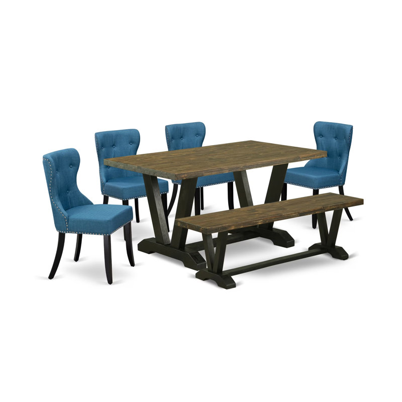6 Piece Dining Set Contains a Rectangle Dining Room Table with V-Legs and 4 Blue Linen Fabric Upholstered Chairs with a Bench, 36x60 Inch, Multi-Color