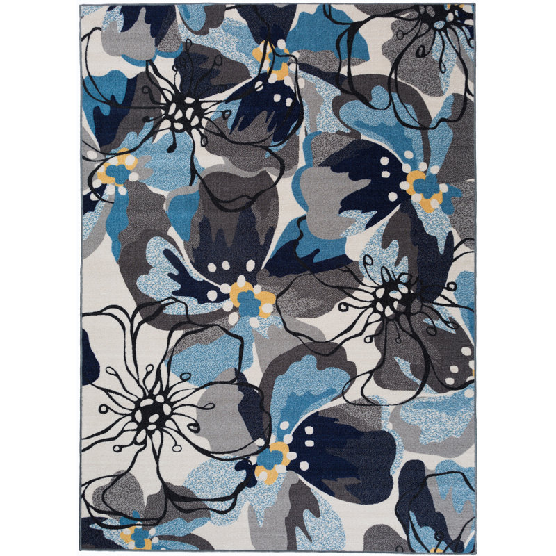 Tapis gris / argenté à poil long à motif floral Florentia, Rectangle 6 pi 6 po x 9 pi