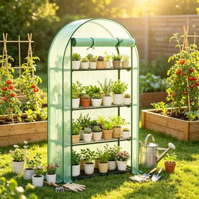 Four Tier Mini Outdoor Greenhouse with 8 Wire Shelves, Roll Up Front Door PE Cover Steel Frame Plant Grow House for Garden Patio Balcony Plant Protection