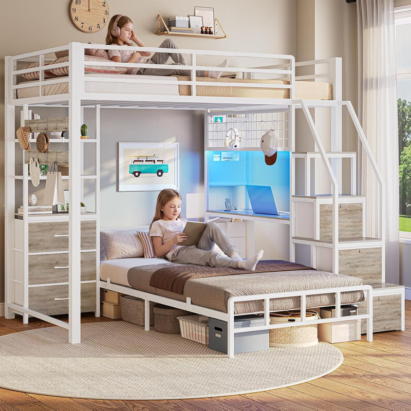 Lit superposé simple au-dessus de simple avec bureau et 6 tiroirs de rangement Lit mezzanine en métal à DEL avec tringle et sac de rangement latéral, peu encombrant, blanc et gris