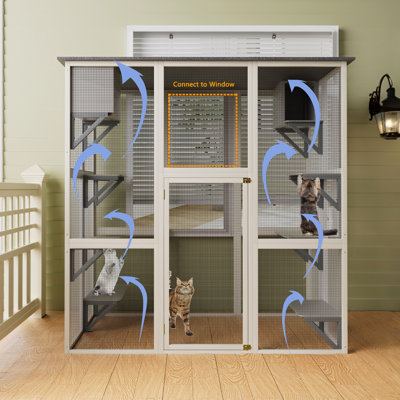 Outdoor Cat Enclosure In Gray Wood, Asphalt Roof To Keep Cats Comfortable Weather, Spacious House With 6 Platforms For Play And 2 Napping Boxes, Stagg
