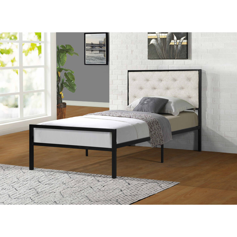 Hartin Upholstered Metal Platform Bed, Beige, Twin
