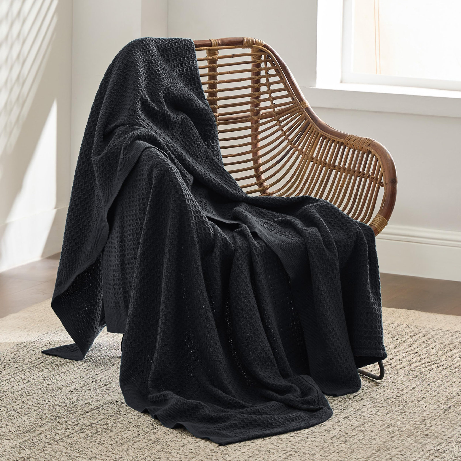 Bedsure Cotton Waffle Weave Throw Blanket, Black, Throw XL