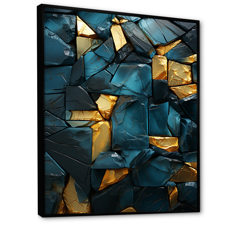 Décoration murale bleue et dorée Elegance I - marbre, Cadre flottant noir, H 40 po x l 30 po x P 1,5 po