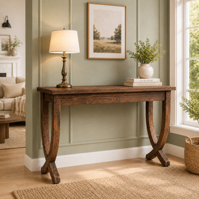 Country-style solid wood long table for entryways, featuring a cross-shaped curved leg design; suitable for entryway, living room decoration, storage, and console tables.