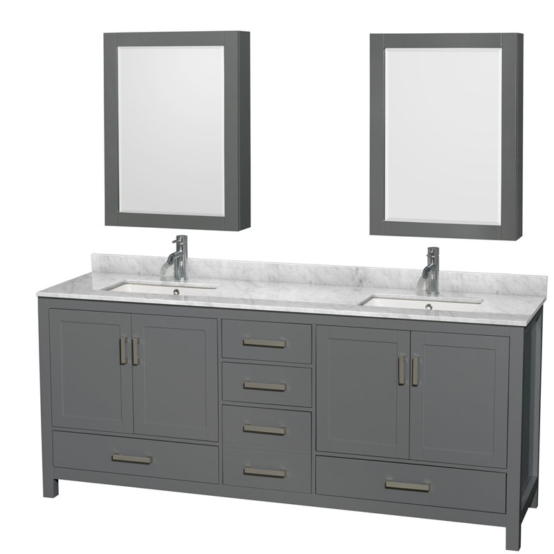 Double Vanity with Mirror, White Carrara Marble, Dark Gray, 80" W