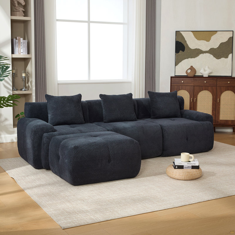 Ensemble de canapé modulaire rembourré en L de 104,3 po 4 pièces, surdimensionné à 3 places avec canapé-lit capitonné en forme de nuage avec siège profond et repose-pieds mobile, 3 coussins pour le salon, sans Assem
