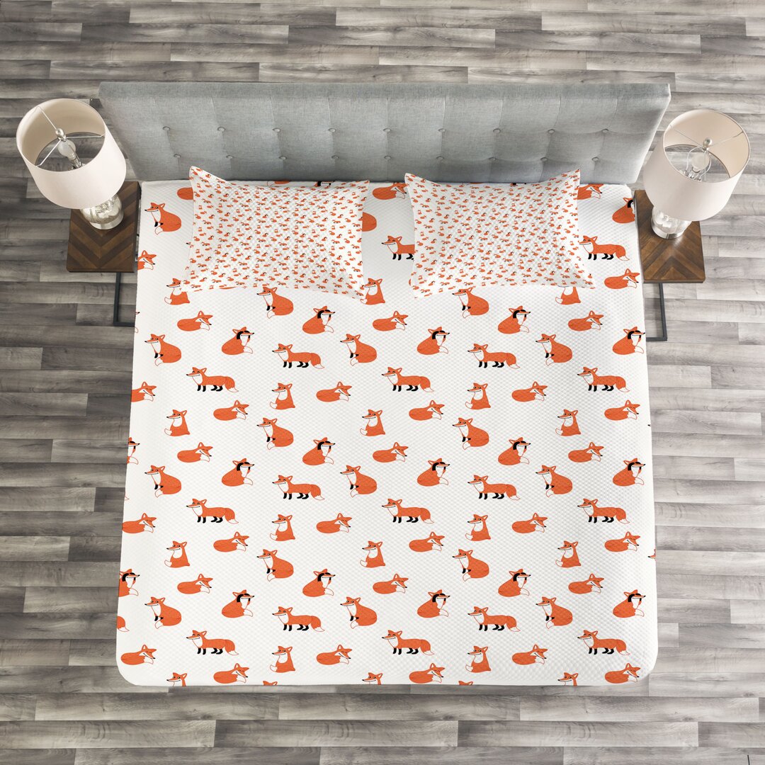 Gestepptes Bettdecken-Set, Cartoon-Tiermuster, Fuchs, Orange Weiss