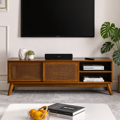 Meuble télé Mid-Century moderne en rotin pour téléviseur 65 po, meuble multimédia 59 po avec pieds en bois massif et portes d'armoire en rotin | Idée de cadeau